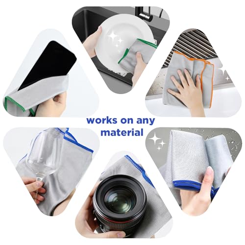 Puomue 12 Pack Microfiber Glass Cleaning Cloth, 320GSM Thick Lint Free Glass Towels, Reusable Window Cleaning Cloth for Windshields, Lenses, Glasses, Mirrors & Windows, Polishing Silver, 13.8" x 10.8"