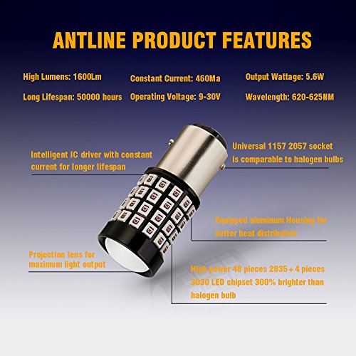 Antline 1157 LED Bulb Flash Strobe Red (2 Pack), 9-30V Super Bright 1600 Lumens 2057 2357 7528 52-SMD LED with Projector for Replacement, Flashing Strobe Brake Tail Stop Light Bulbs - color: Strobe Red