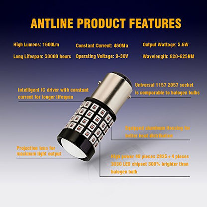 Antline 1157 LED Bulb Flash Strobe Red (2 Pack), 9-30V Super Bright 1600 Lumens 2057 2357 7528 52-SMD LED with Projector for Replacement, Flashing Strobe Brake Tail Stop Light Bulbs - color: Strobe Red