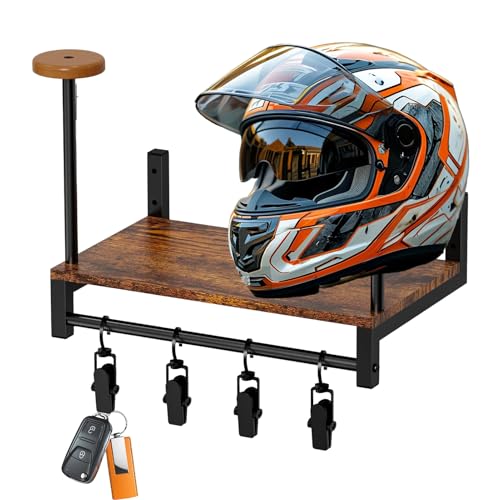 Hat Rack Wall Mount - Hat Holder Wall Hanger - Organizer with 4 Clips, Safety Hanger Display Stand, Wooden Storage Rack for Jacket, Gloves, Motorcycle Accessories