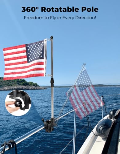 KEMIMOTO Stainless Steel Boat Flag Holder, 360° Rotating Flag Pole Kit, Flag Pole Holder for 0.5''-1.75'' Round/Square Rails, for 12''x18''/8‘’x12''/4''x6'' Boat/Golf Cart Flag (2.5ft, NO Flag)
