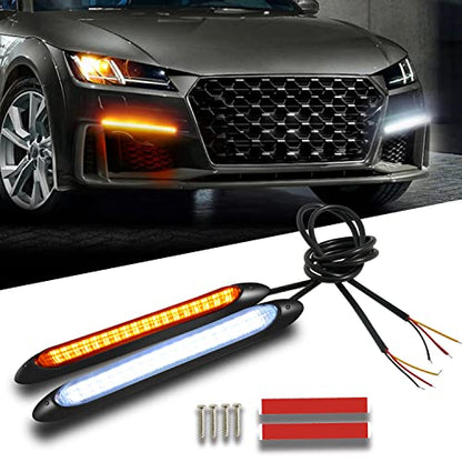 Qasim Daytime Running Light 6in Super Bright for Auto Car Motorcycle Decorative Front Tail Light DRL LED Strip White Yellow Turn Signal Streamer Sequential Flowing Strip Bar 12V (2Pcs, 15.5cm) - size: 6.1 inches WA
