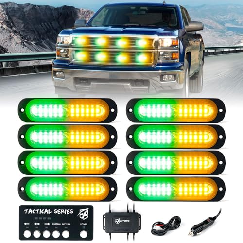 Xprite Amber Green LED Surface Mount Strobe Lights Kit, w/Control Panel Emergency Safety Warning Flashing Grille Cop Marker Light Assembly for Vehicles Trucks ATV UTV Motorcycle 8PCS - color: Amber Green, size: 8PCS