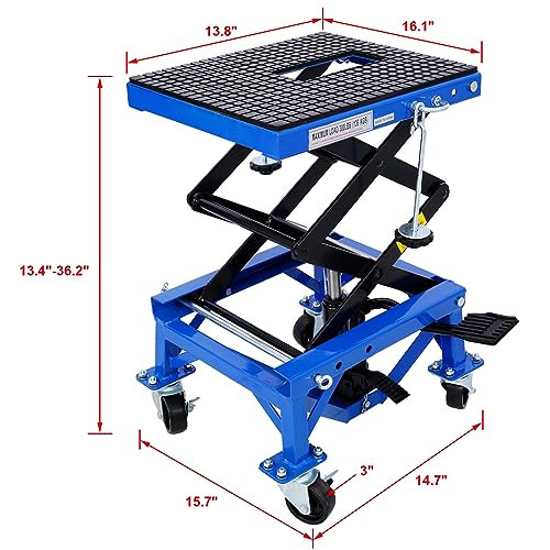 300 Lbs Hydraulic Motorcycle Scissor Jack Lift Foot Step with 4 Wheels Jack Stand Portable Lift Table for Small Dirt Bikes Blue