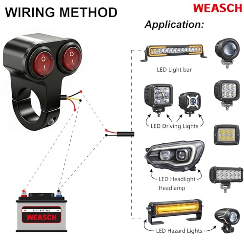 Universal Dual 7/8" 22mm Motorcycle Handlebar Switch, 12V Waterproof Handle Bar ON Off Toggle Switch with Red LED Indicator Light for Motorcycle ATV Dirt Bike Scooter Marine Fog Light