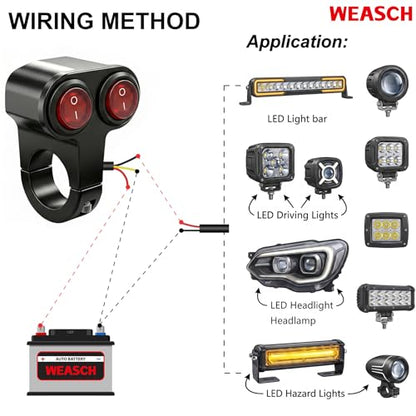 Universal Dual 7/8" 22mm Motorcycle Handlebar Switch, 12V Waterproof Handle Bar ON Off Toggle Switch with Red LED Indicator Light for Motorcycle ATV Dirt Bike Scooter Marine Fog Light