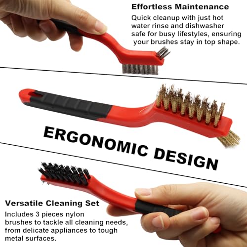 3PCS Durable Wire Brush Set,Brass Stainless Steel Nylon,Curved Handle Brush for Cleaning Rust Removal in Holes DIY Enthusiasts(Red) - style: Red-Nylon,Brass,Stainless Steel