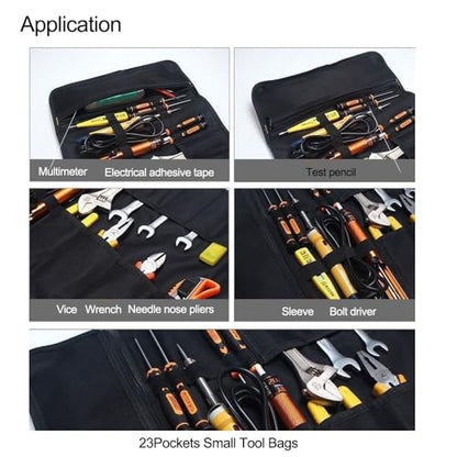 23 Pocket Tool Roll Up Bag for Wrenches & Spanners - Heavy Duty Oxford Organizer Pouch with Elastic Loops & Zipper Pocket, Portable Mechanic Storage Case for Motorcycle Truck Emergency Kit - style: Black Tool Bag