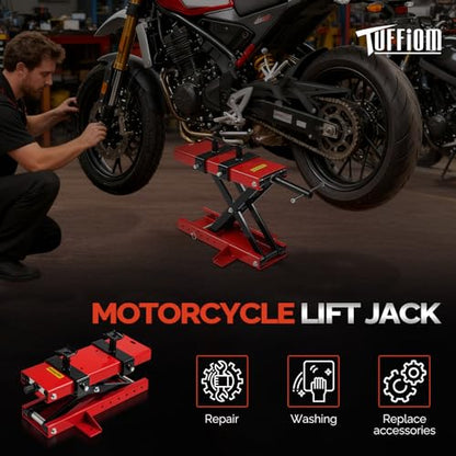TUFFIOM 1100LBS Motorcycle Scissor Lift Jack, Height Adjustable with Safety Pin & Support Saddles, Foldable Motorcycle Center Stand for Dirt Bike ATV, Red - size: w/Support Saddles
