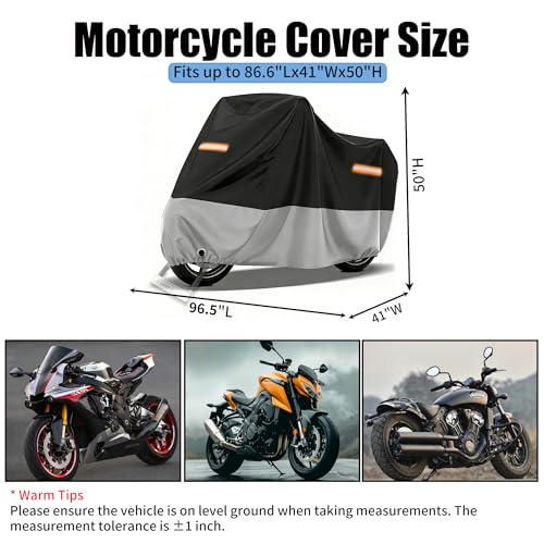 Motorcycle Cover Waterproof Outdoor,with Lock-Holes & Storage Bag,All Season Weather Sun Rain Protection Windproof Elastic Hem Night Reflective Design (96.5" Lx41 Wx50 H) - size: 96.5"Lx41"Wx50"H