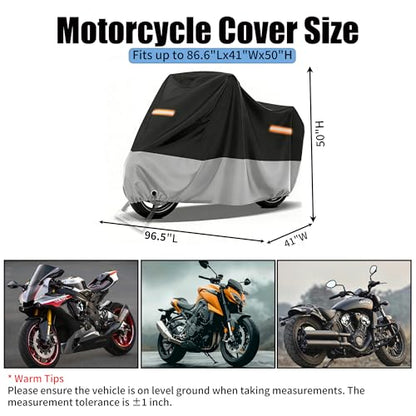Motorcycle Cover Waterproof Outdoor,with Lock-Holes & Storage Bag,All Season Weather Sun Rain Protection Windproof Elastic Hem Night Reflective Design (96.5" Lx41 Wx50 H) - size: 96.5"Lx41"Wx50"H