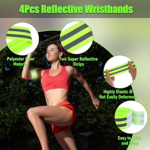 JJUNW 8Pcs High Visibility Reflective Bands & CyclingTrousers Clips for Arm, Wrist, Ankle & Leg – Adjustable Elastic Safety Straps for Night Running, Walking, Cycling
