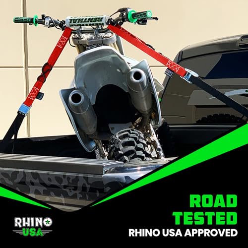 Rhino USA Motorcycle Tie Down Straps (2 Pack) Lab Inspected 2,200lb Break Strength, Steel Cambuckle Tiedown Set with Integrated Soft Loops - Better Than a Ratchet Strap (Red 2-Pack) - color: Red 2-Pack
