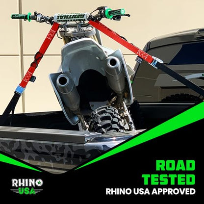 Rhino USA Motorcycle Tie Down Straps (2 Pack) Lab Inspected 2,200lb Break Strength, Steel Cambuckle Tiedown Set with Integrated Soft Loops - Better Than a Ratchet Strap (Red 2-Pack) - color: Red 2-Pack