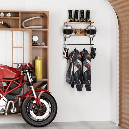 Motorcycle Helmet Holder Wall Mounted, Helmet Rack Wall Mount with Helmet Rack, 4 Glove Chips and 4 hooks, Rustic Helmets Holder and Motorcycle Helmets Racks for Most of Helmet and Clothes - color: Retro