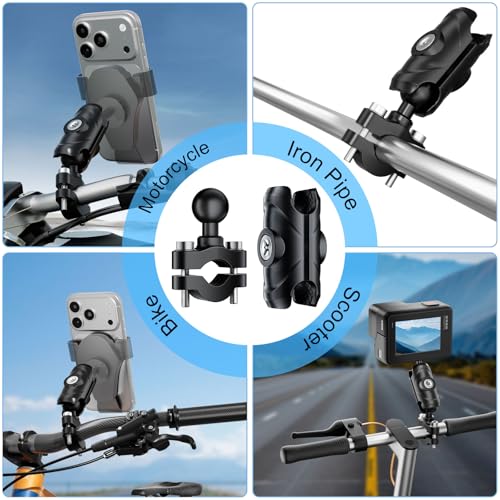 LBW Motorcycle Handlebar Mount with Anti Vibration TPU Ball and Double Socket Arm U-Bolt Base, Compatible with B Size Ball Accessories, Fits Popular Bike Cell Phone & GPS Mounts for 0.5-1" Bars