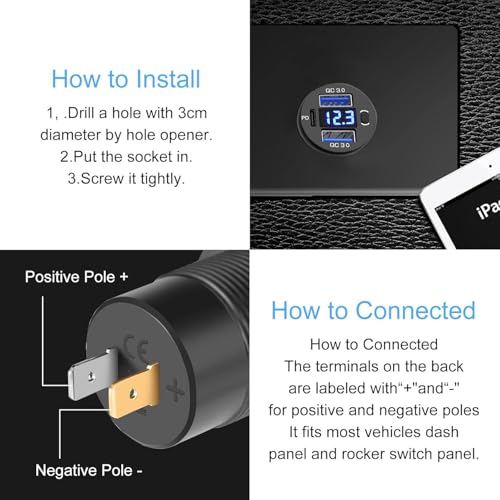 Dual USB Quick Charge 3.0 Port & PD USB C Car Charger Socket, 12V USB Outlet with Voltmeter and Power Switch for Car Boat Marine Truck - color: 2QC+1PD