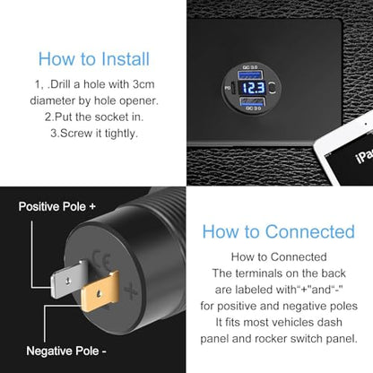 Dual USB Quick Charge 3.0 Port & PD USB C Car Charger Socket, 12V USB Outlet with Voltmeter and Power Switch for Car Boat Marine Truck - color: 2QC+1PD