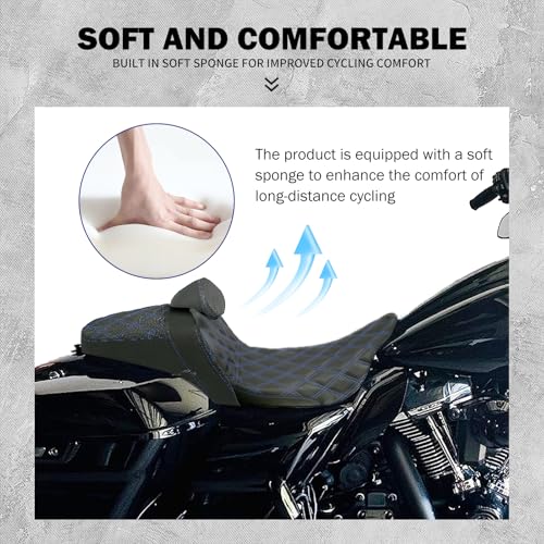 One-Piece Driver Passenger Seat Motorcycle 2-up Seat With Driver Backrest Cushion Pad Fit for Harley Touring Electra Glide Road King Road Glide Street Glide 2009-2023 (Blue Stitching) - color: Blue Stitching w/Driver Backrest
