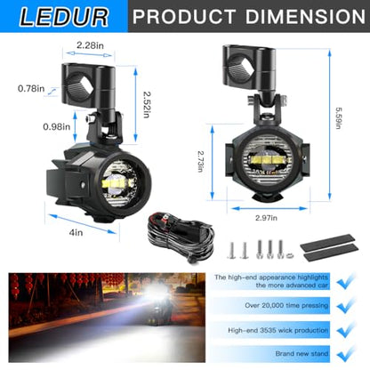 LEDUR Motorcycle LED Fog Light Kit Spot Auxiliary Driving Lights with Switch Wiring Harness Clamp Mount Brackets Kit for R1200GS F800GS Adventure Touring Motorcycle E-Bike ATV UTV 40W