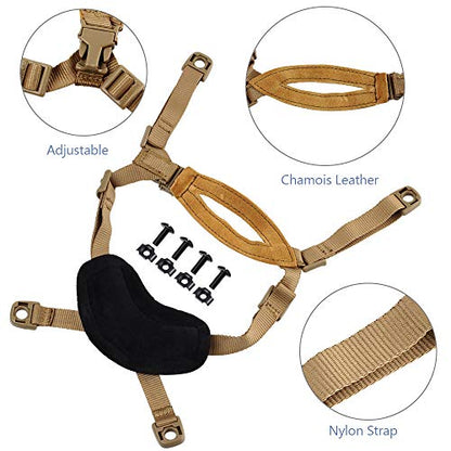 Helmet Chin Strap 4 Points for Tactical Fast/MICH/IBH Kevlar Bump Helmets Helmet Scrim, X-Nape Suspension System with Bolts and Screws Tan