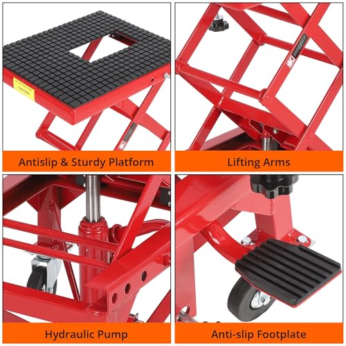 Hydraulic Motorcycle Lift Jack Table, 350 lbs Capacity Heavy Duty Motorcycle Scissor Jack Lift with Wide Deck, J-Hooks, 4 Wheels, Hydraulic Foot Operated Jack Stand for ATV Dirt Bikes