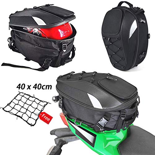 Motorcycle Tail/Seat Bag - Dual Use Waterproof Helmet Bag for Motorbike - with One Extra Cargo Net - color: Black&White