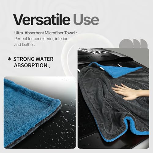 Extra Large Car Drying Towel, 36 Inches, 1300gsm,Super Absorbent Polyamide, Double-Twisted Design - color: Blue and Grey