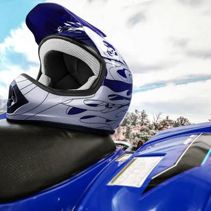 SLMOTO Dot Youth & Kids Motocross Offroad Street Helmet Motorcycle Helmet Dirt Bike Motocross ATV Helmet+Goggles+Gloves Blue Flame Design - color: Blue Frame, size: Small