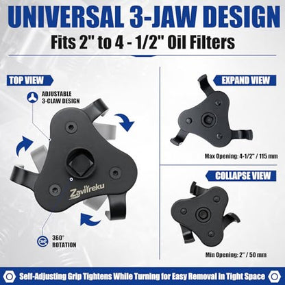 Universal Oil Filter Wrench Adjustable, Heavy Duty 3-Jaw Oil Filter Removal Tool, Oil Filter Change Tool for Engine Filters, Automotive Tool for Cars Trucks SUVs