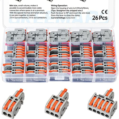 26Pcs Compact Splicing Connectors Wire Connectors Kit 2, 3 and 5 Circuit Inline Splices 24-12 AWG (Grey) - color: Grey
