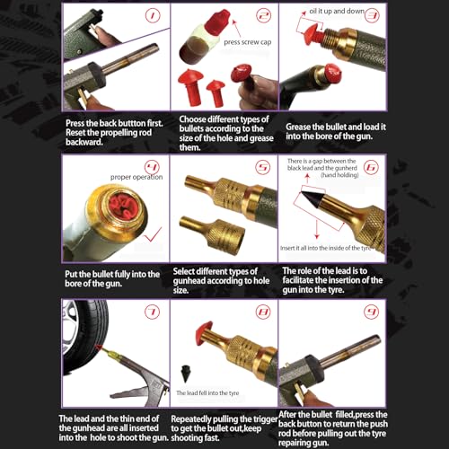 Tire Repair Kit With Plugs Mushroom Tire Plug Kit Tire Patch Kit Heavy Duty Professional Tubeless Tire Gun Puncture Kit for Tyre Punctures and Flats on Cars Motorcycles Trucks and Tractors (Brown)