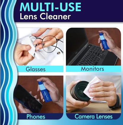 Clear View Lens Cleaner Kit | 2 x 8oz Bottles, 1 Travel Spray (1oz), 3 Premium Microfiber Cloths | Safe for All Lenses, Coatings & Screens