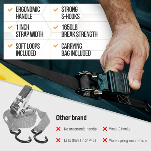 FORTEM Ratchet Straps, Tie Down Strap Set 1650lb Break Strength, 4 Pack 15ft x 1in, 4 Soft Loops, Moving Straps Tie Downs, Cargo Cam Buckles for Trucks, Carry Bag, for Men - color: Black