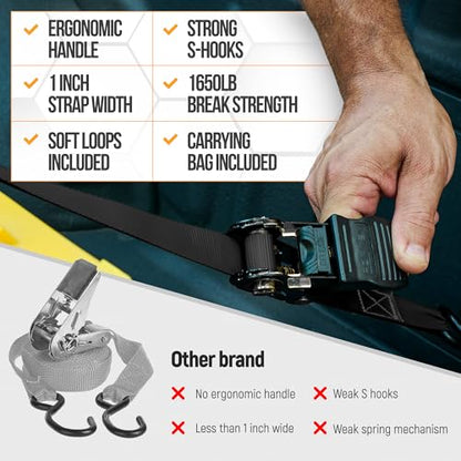 FORTEM Ratchet Straps, Tie Down Strap Set 1650lb Break Strength, 4 Pack 15ft x 1in, 4 Soft Loops, Moving Straps Tie Downs, Cargo Cam Buckles for Trucks, Carry Bag, for Men - color: Black