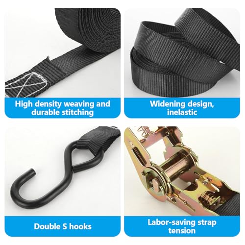 6 Pcs 1 Inch Ratchet Straps Heavy Duty 20ft Tie Down Strap Ratchet with Hooks, 2200 LBS Break Strength, Black Cargo Ratchet Straps for Motorcycle Straps Tie Downs, Appliances, Equipment - color: Black