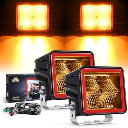Nilight 3 Inch Cube Amber LED Pod Light Bar 20 W 1240LM Super Flood Screw-Less Offroad Driving Work Lights w/16AWG DT Wiring Harness Kit for Truck UTV 4x4 ATV Motorcycle - color: Indirect 4LED Flood Pod-Amber