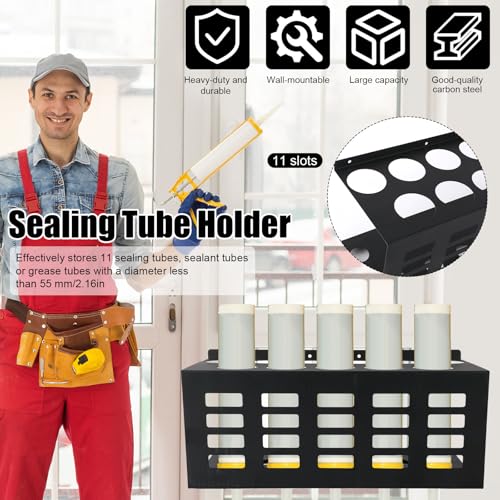 Penitue 2pcs Wall Mount Caulk Tube Holder, Durable Carbon Steel Sealant Storage Rack with Holds 11 Tubes for Workshop Shop Garage (Black)