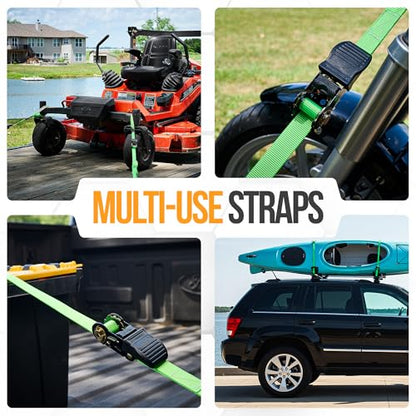 FORTEM Ratchet Straps, Tie Down Strap Set 1650lb Break Strength, 4 Pack 15ft x 1in, 4 Soft Loops, Moving Straps Tie Downs, Cargo Cam Buckles for Trucks, Carry Bag, for Men - color: Green