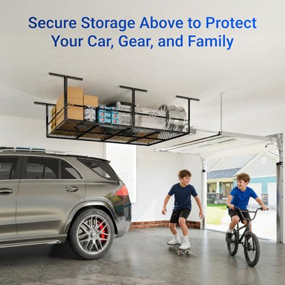 FLEXIMOUNTS 4x8ft Overhead Garage Storage Rack with Safety Rails, Black | 750 lbs Capacity, Adjustable 22-40" Height, 3-Sided Guard Rails, Heavy Duty Metal, Ceiling Storage System - color: Black