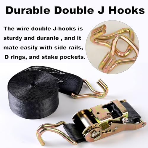 2PACK Ratchet Straps Heavy Duty, 8000 LBS Break Strength Ratchet Strap Tie Down, 2” x 27ft Black Tie-Down Ratcheting Cargo Truck Straps with Durable Double J Hook for for Truck (Black, 2IN X 27FT)
