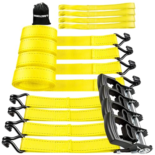 AWELCRAFT Ratchet Straps(4 Pack),3300lb Breaking Strength,1.5in×10ft Heavy Duty Tie Down Ratcheting with Padded Handles,Double J Hooks & 4 Soft Loops for Trailer,Trucks,Motorcycle(Yellow) - color: Yellow