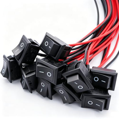 Twidec/10Pcs Rocker Switch AC 6A/250V 10A/125V SPST 2 Pins 2 Position ON/Off Car Boat Square Black Rocker Switch Toggle with Pre-soldered Wires KCD1-X-F - color: Black-Square-ON OFF-10PCS