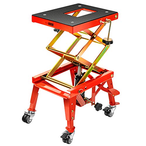 VIVOHOME 350 Lbs Heavy Duty Hydraulic Motorcycle Lift Jack, ATV Dirt Bike Foot Operated Scissor Stand Table with 4 Wheels and Removable Stopper, Red - color: Red