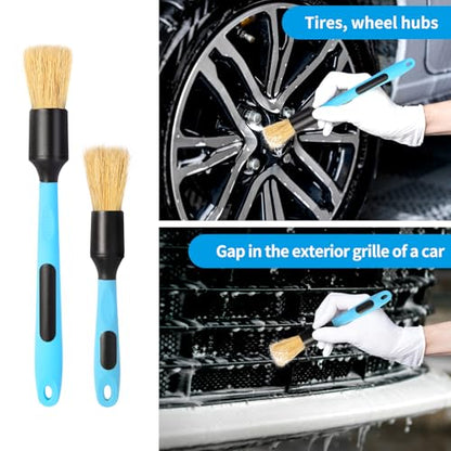Car Detailing Brush Set, Soft Boar Hair Auto Detail Brush Kit for Automotive Elegant Surface Interior Exterior Dashboard Emblems Panels Engine Bay Wheels Air Vent Seat Leather | Replaceable brush head