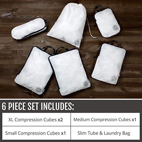 Extra Large Compression Packing Cube 6 Piece Set for Travel and Check Luggage by TRIPPED Travel Gear - color: White and Grey