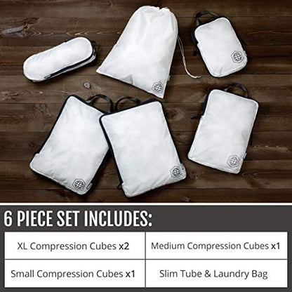 Extra Large Compression Packing Cube 6 Piece Set for Travel and Check Luggage by TRIPPED Travel Gear - color: White and Grey