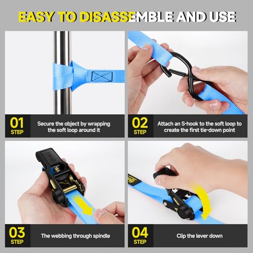 4Pcs Ratchet Tie Down Straps Kit for 2400lb Break Strength | 1” x 16FT Tie Down Straps with Soft Loop Tie-Downs & Safety S Hook - Cargo Strap Tie Down for Trucks, Motorcycle, Moving, Appliances - Blue - color: Blue