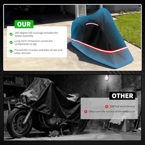 Full Enclosed Motorcycle Cover,Waterproof for Outdoor & Indoor Storage, 600D Heavy Duty with Reflective Strips, Fits Scooters & Touring Motorcycles up to Length 108" x 45" x 59" Black&Gray - size: 108"L-45"W-59"H