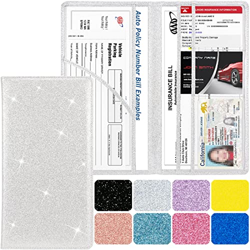 Car Registration and Insurance Holder, 2 Pack Glitter Leather Vehicle Glove Box Organizer with Magnetic Shut for Document, Cards, Driver License, Black and Silver Bundle